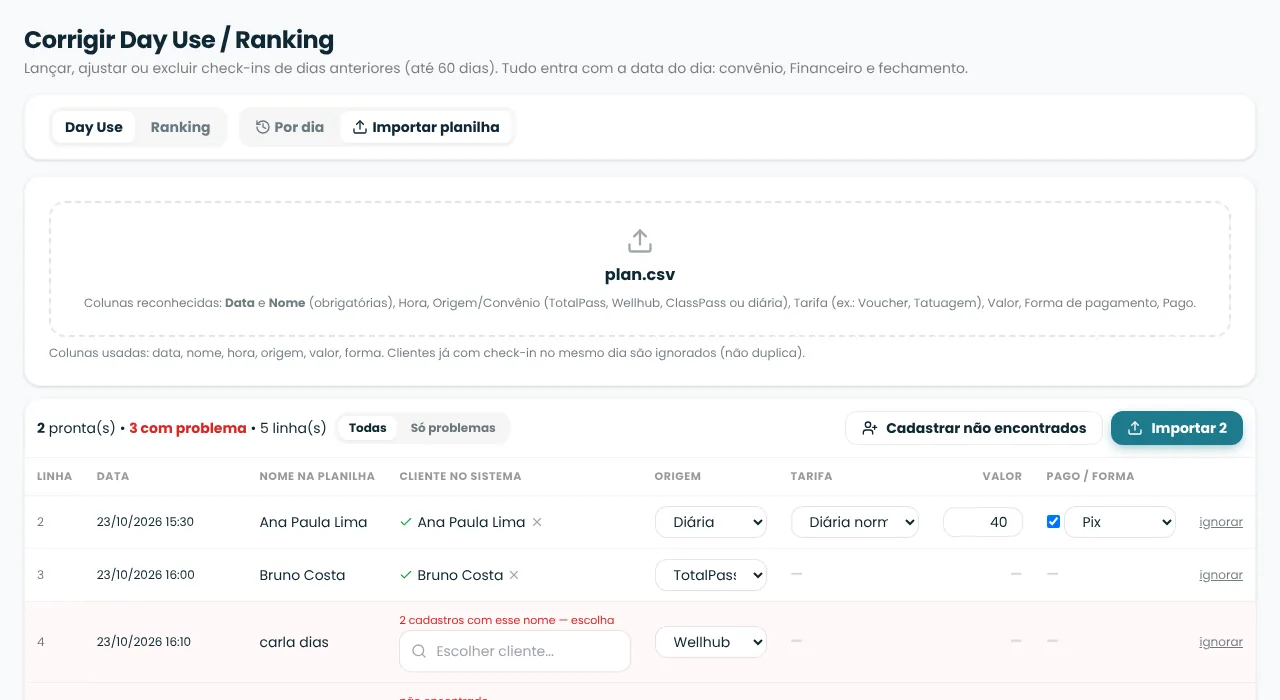 Importação de Day Use e Ranking com conferência linha a linha